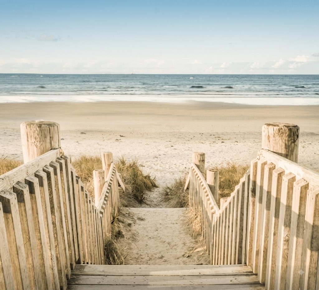 Wooden boardwalk stairs leading down through beach grass to a sandy shore and the ocean