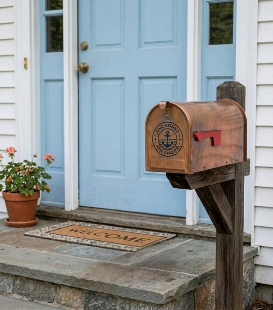 A blue door and an anchor-stamped copper mailbox on a front porch