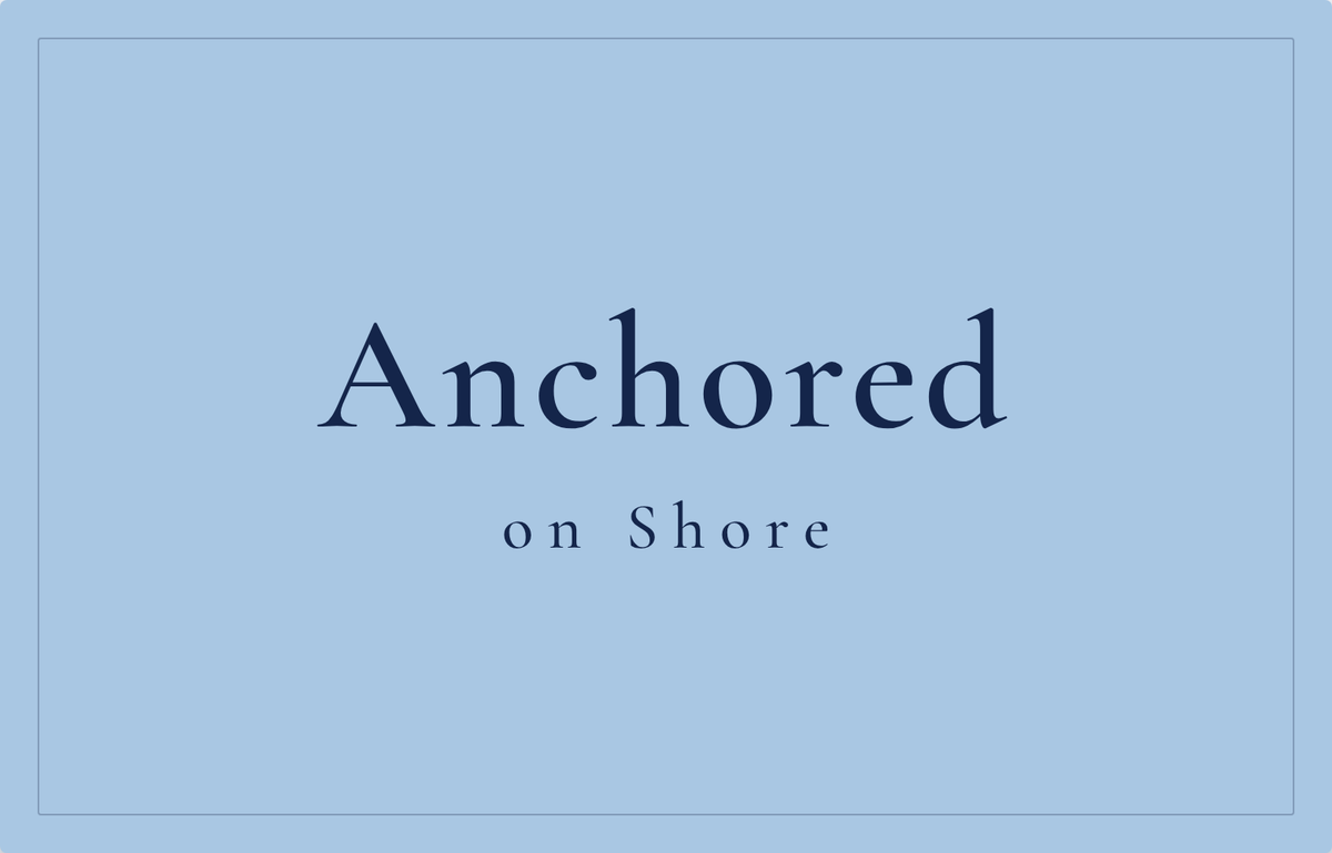 Blue envelope with Anchored on Shore in navy lettering